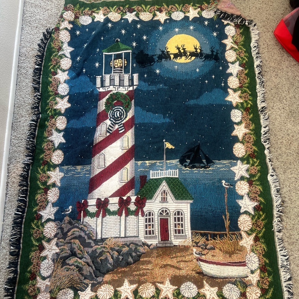 VNTG Santa Reindeer Christmas Light House Tapestry Blanket Country Southwestern‎ - Picture 2 of 10